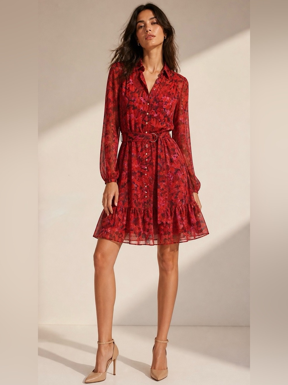 Red Floral Button-Front Midi Dress with Ruffle Hem